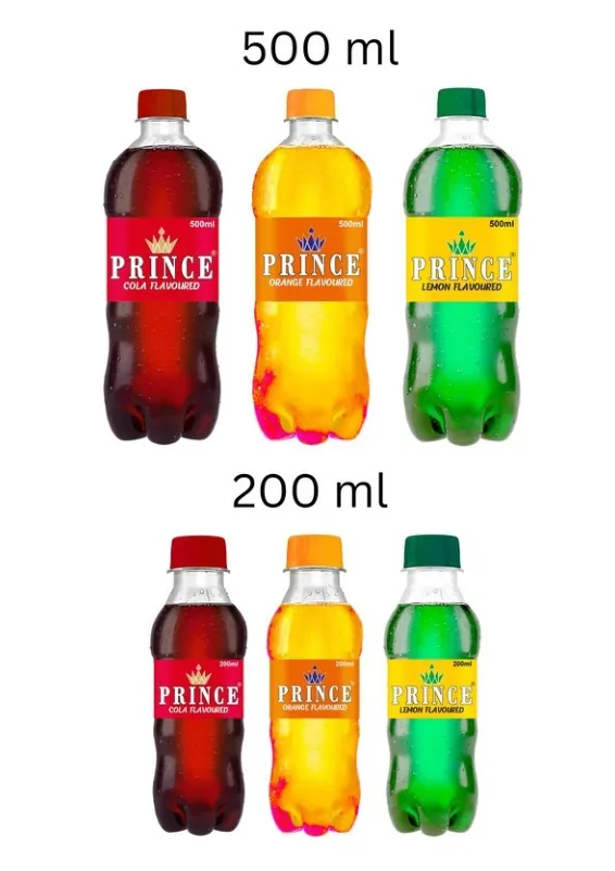 Prince cola orange and lemon flavoured soft drink lineup